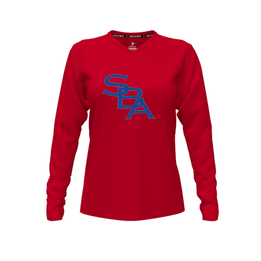 [CUS-DFW-TEES-CMF-VNK-LSL-RED-FYXS-LOGO2] Decker Comfort T-Shirt (Female Youth XS, Red, V Neck, Logo 2, Long Sleeve)